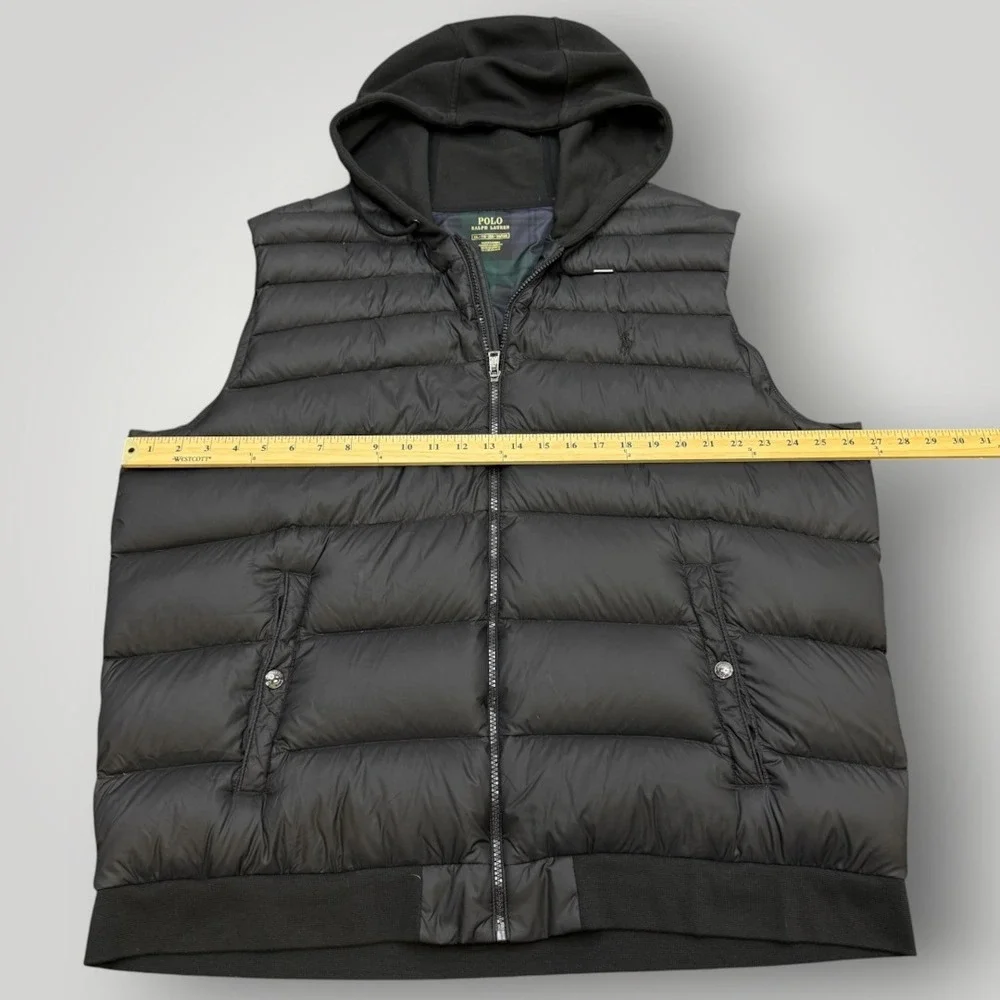 Polo Ralph Lauren Mens Black Hooded Quilted Hybrid Puffer Vest XXL Plaid Lining